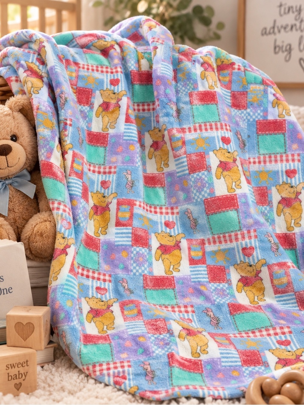 Vintage Disney Winnie the Pooh Patchwork Flannel Baby Blanket 35x27